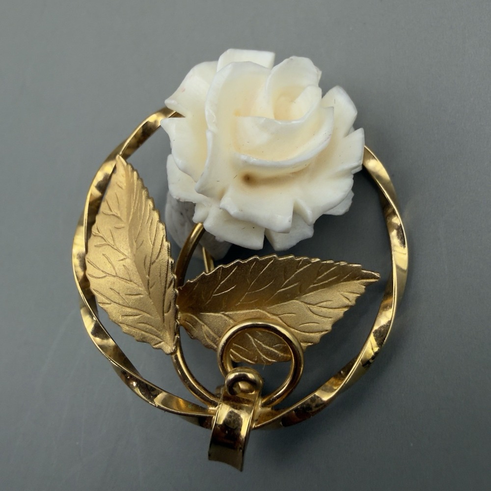 Vintage White Rose Brooch Floral Pin Karen Lynne KL 12K Gold Filled